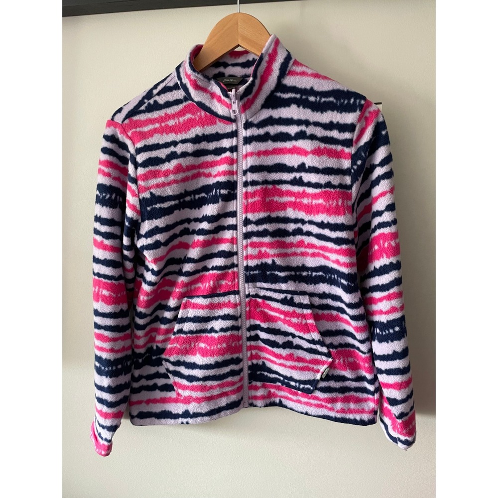 Eddie Bauer Kids Fleece Jacket Full Zip Navy Pink Stripe Tie Dye Large 14/16